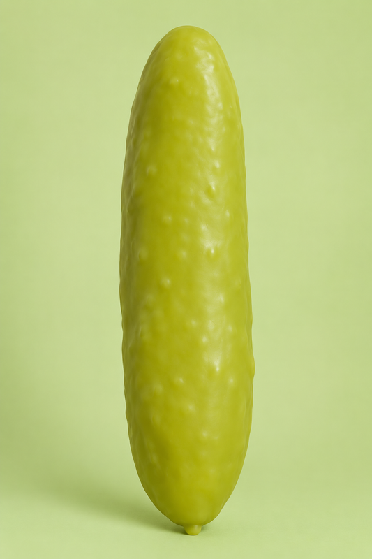 Light green jumbo pickle squishy toy shown outside packaging
