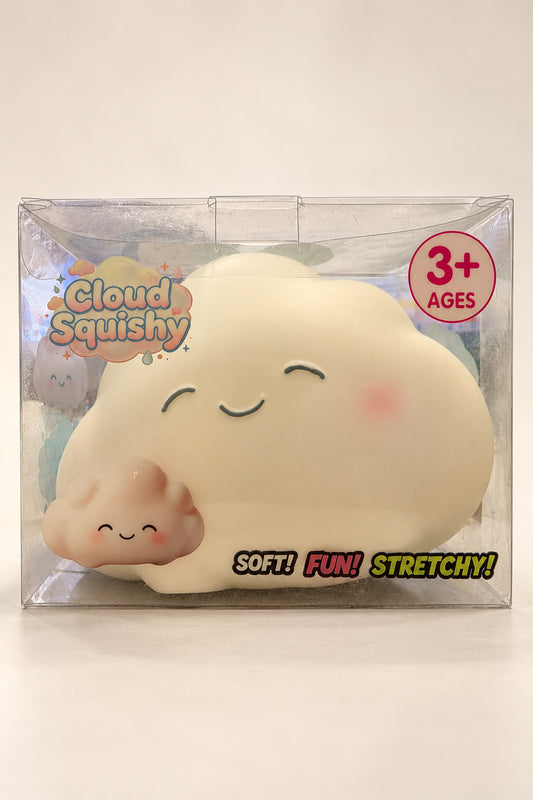 Jumbo Cloud Squishy in clear display box, front view, ages 3 and up