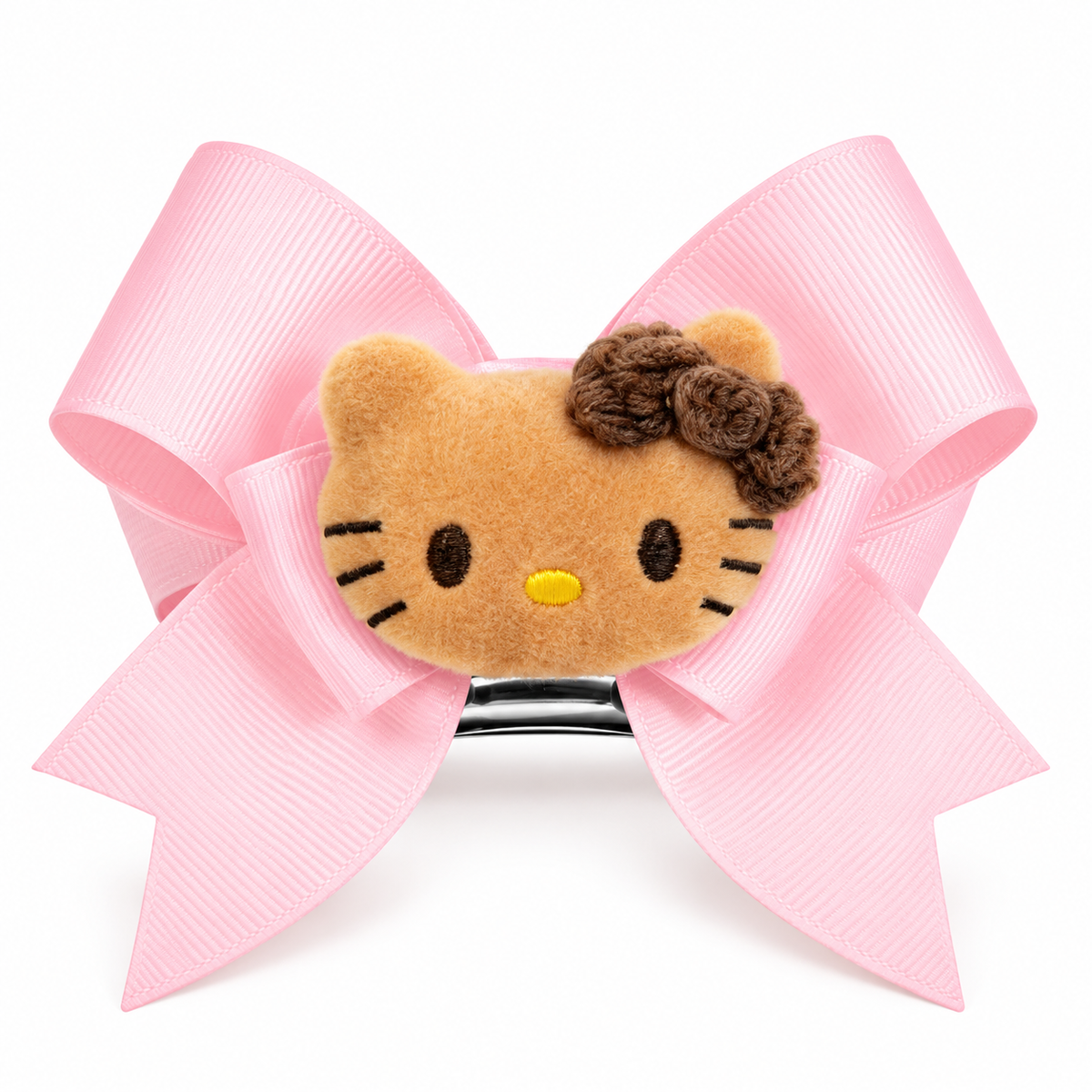Light pink ribbon bow hair clip with tan plush kitty face