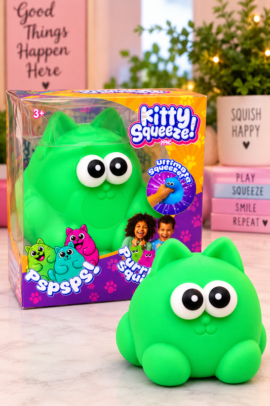 Green Kitty Squeeze sensory toy lifestyle display