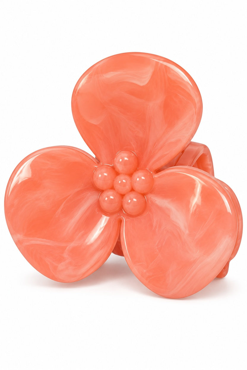 Coral Melody marbled three-petal flower claw hair clip, one clip on white background