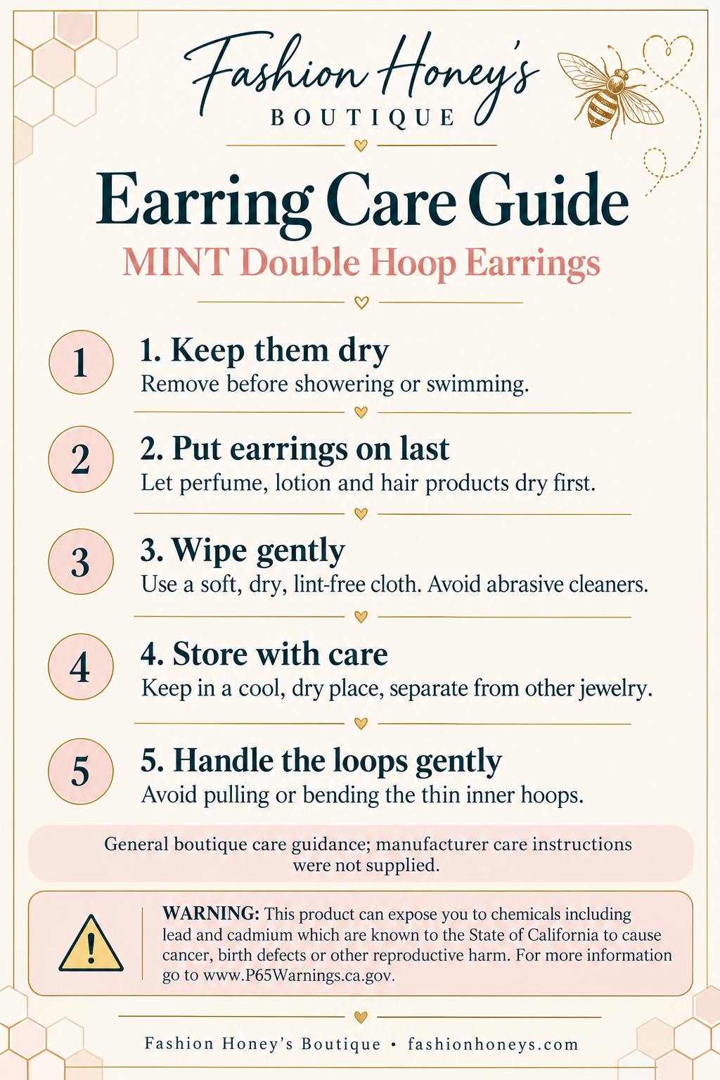 Fashion Honey’s MINT double hoop earring care and storage guide with package warning