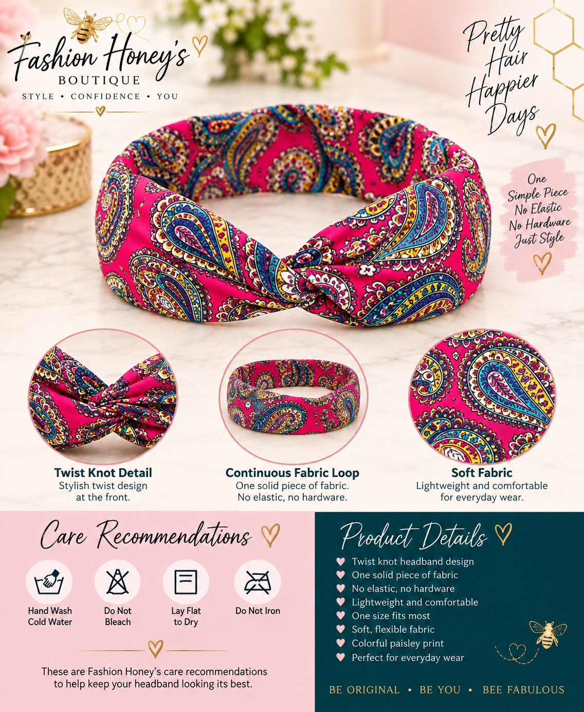 Paisley twist headband continuous fabric loop no elastic, details and Fashion Honey's care recommendations