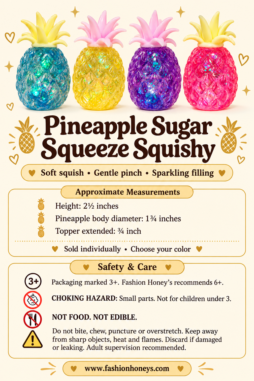 Pineapple sugar squeeze squishy measurements, age recommendations and safety warnings