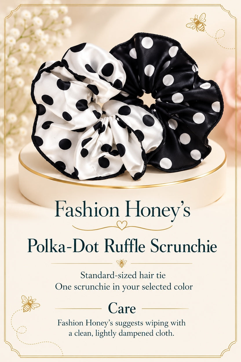 Fashion Honey’s polka-dot scrunchie standard-size and care guide: wipe with a clean, lightly dampened cloth