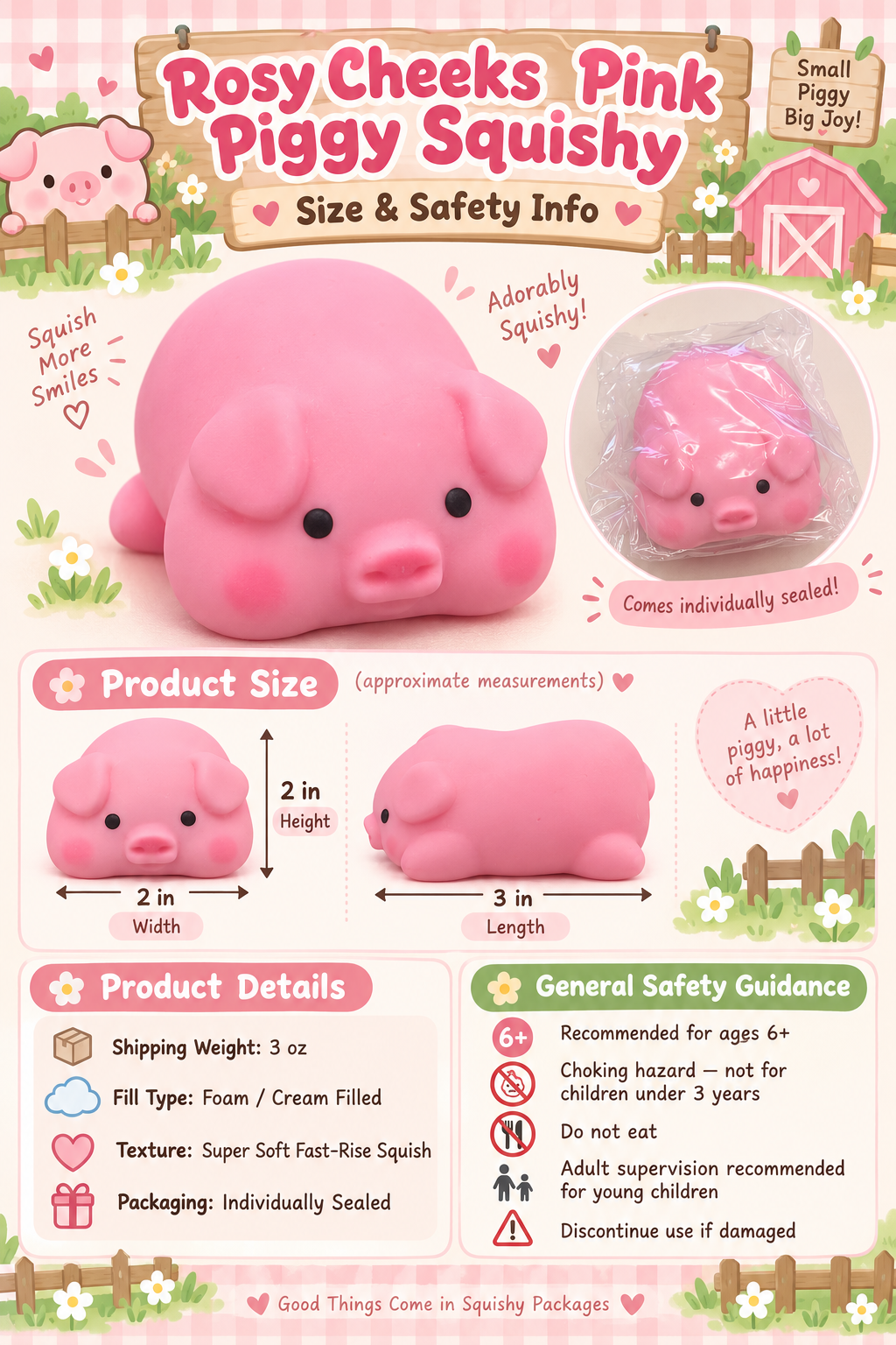 Rosy Cheeks Pink Piggy Squishy size and safety guide showing 3 inch length, 2 inch width, 2 inch height, 3 ounce shipping weight, foam or cream fill, fast-rise texture, and sealed packaging