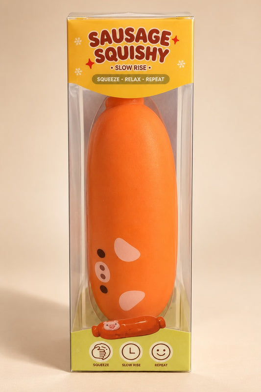 Orange Sausage Squishy slow-rise squeeze toy in clear box
