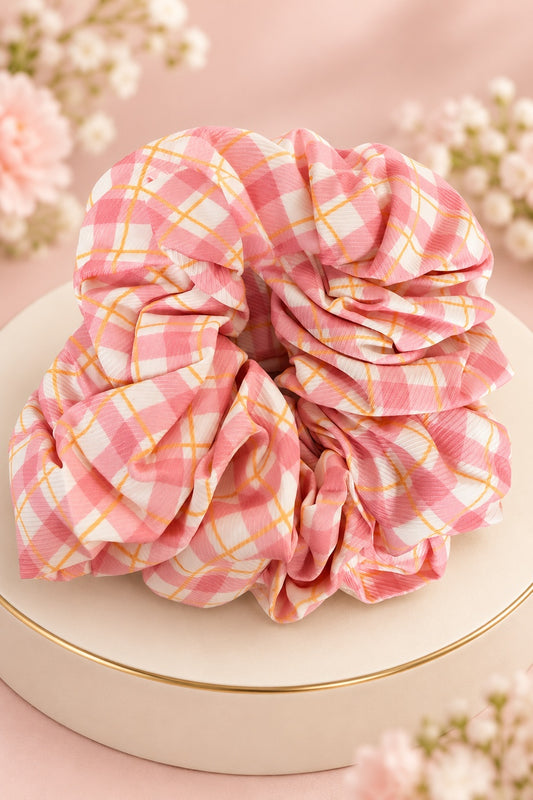 pink plaid ruffle scrunchie with elastic center