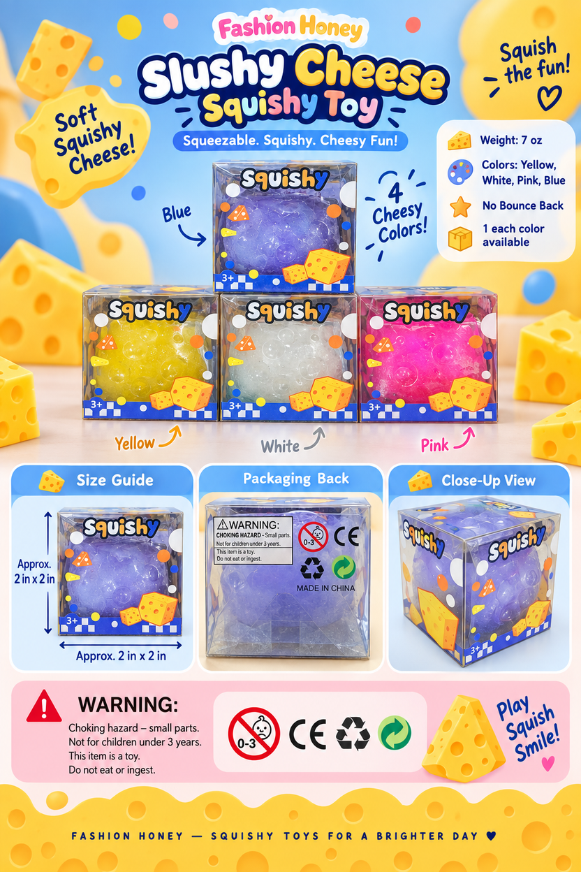 Slushy Cheese squishy size guide and choking hazard warning