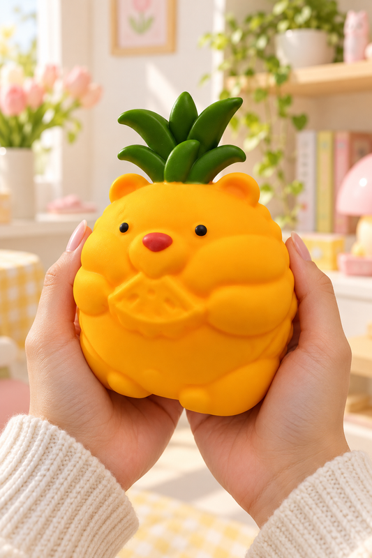 Adult hands holding the yellow SoftMart pineapple character squishy with green crown.