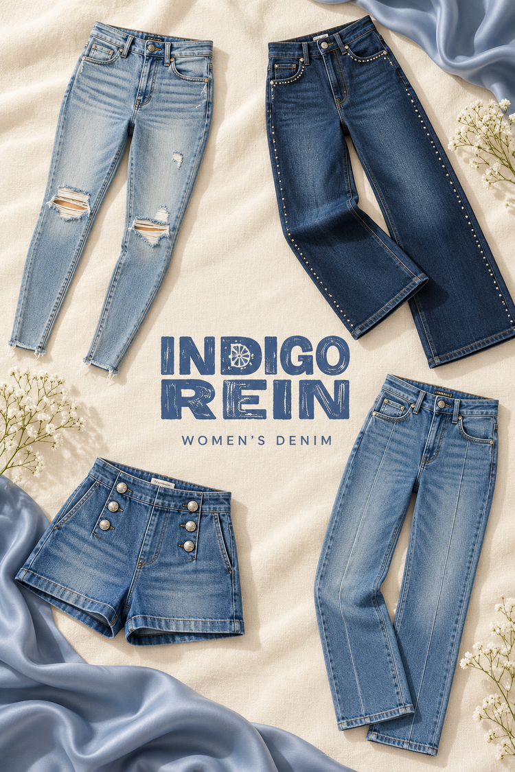 Indigo Rein women’s denim poster featuring light-wash distressed skinny jeans, dark studded wide-leg jeans, sailor shorts and seamed straight-leg jeans