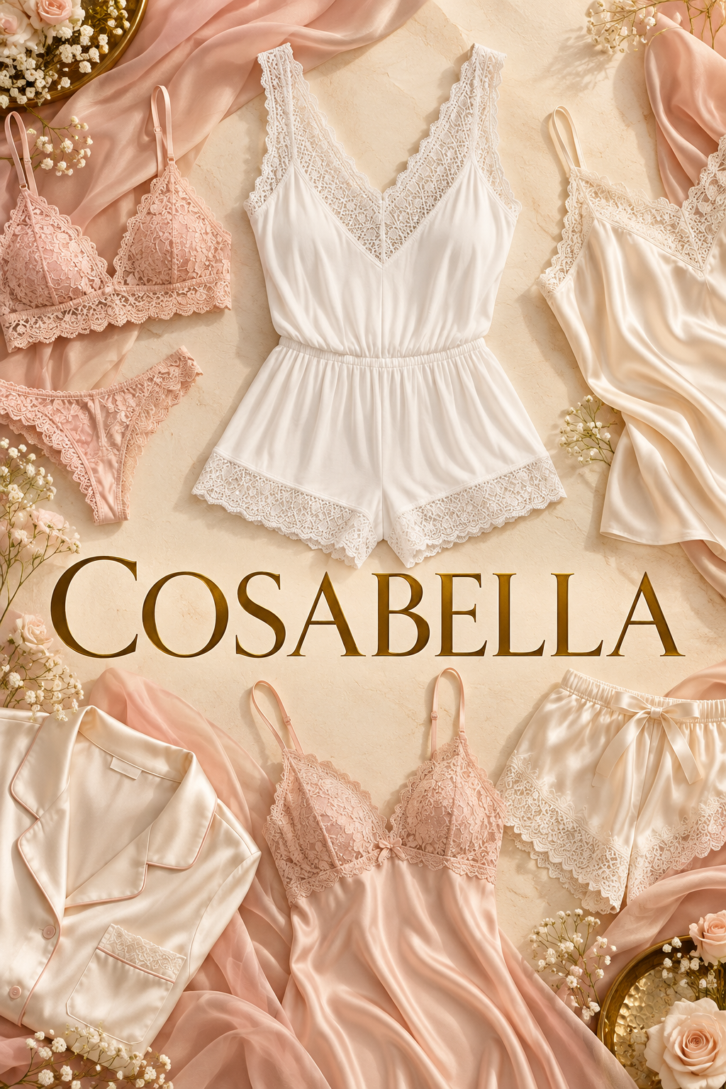 COSABELLA category poster with centered brand name, white lace-trim romper and lingerie-inspired garments