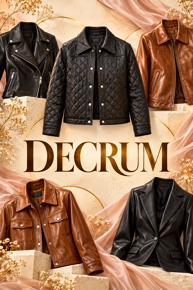 DECRUM category poster with centered brand name and black and brown leather jackets