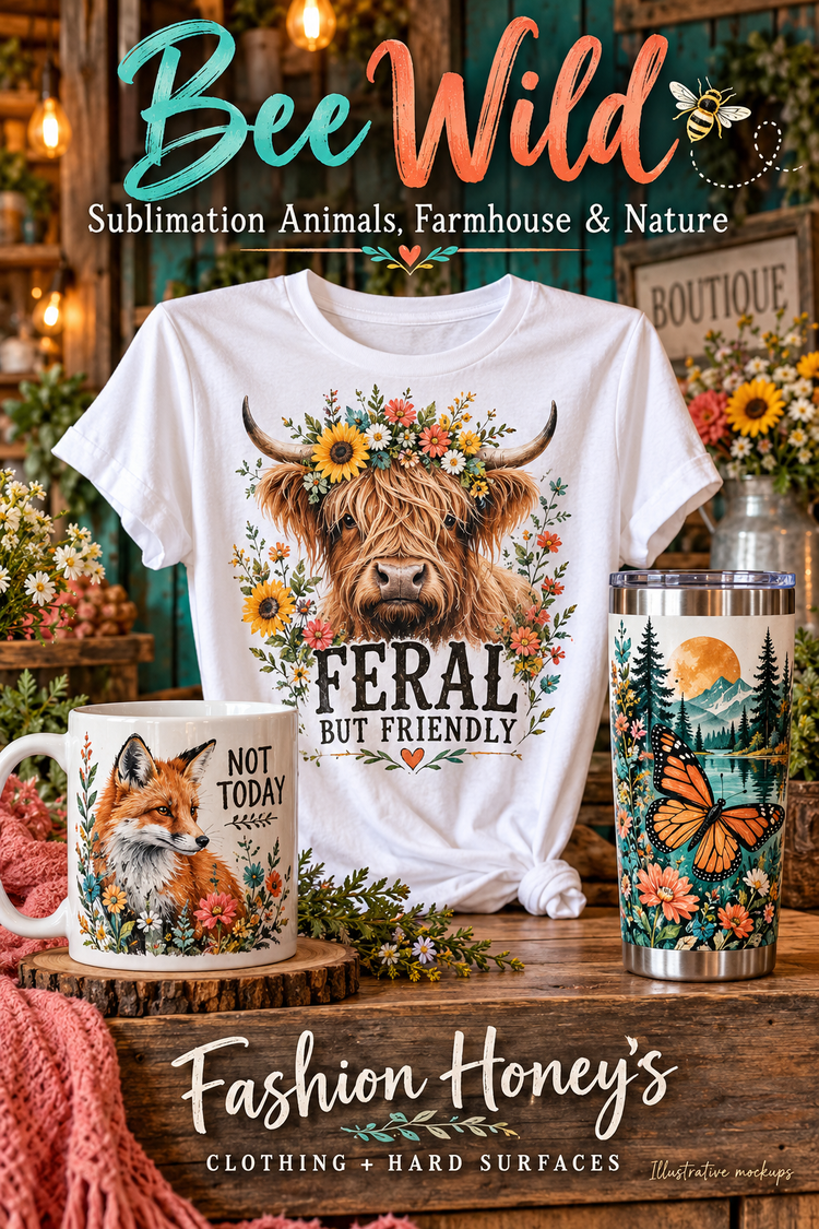 Bee Wild | Sublimation Animals, Farmhouse & Nature clothing and hard-surface illustrative sublimation mockups