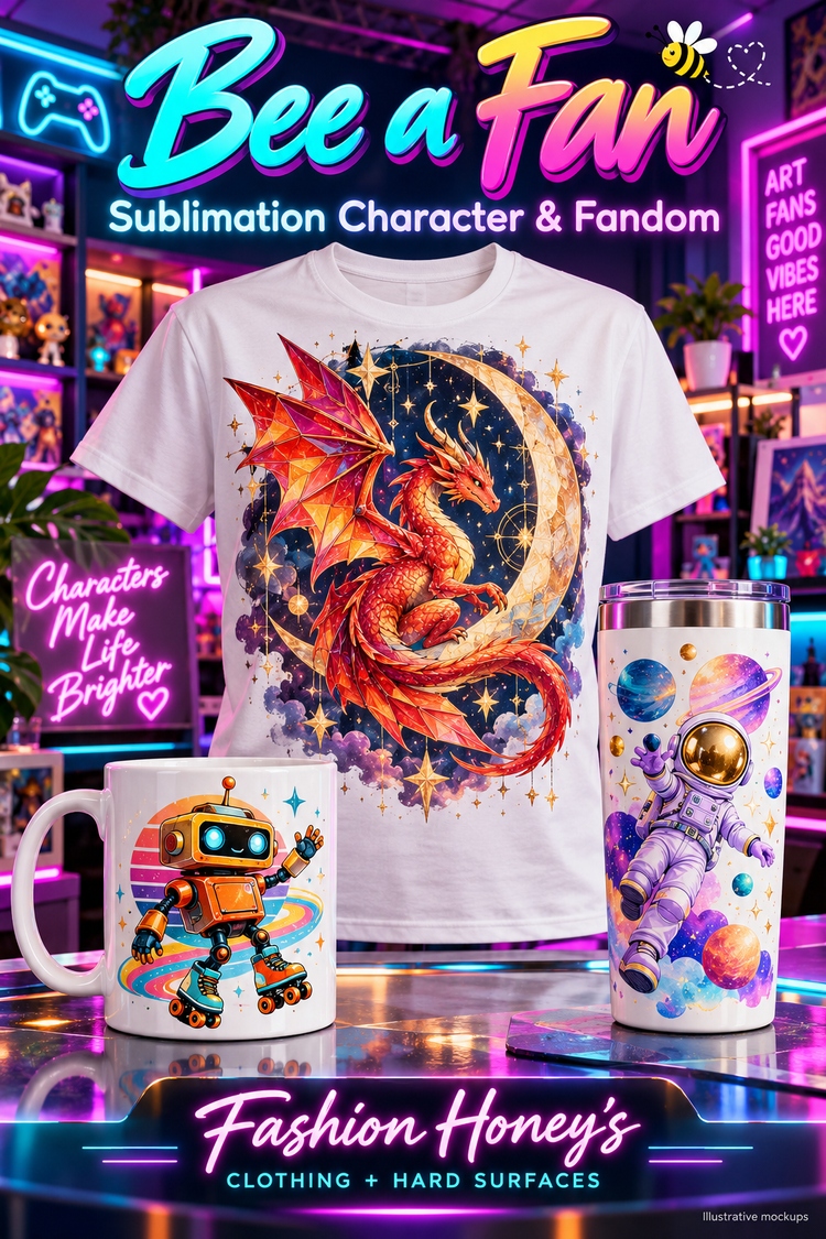 Bee a Fan Sublimation Character and Fandom — original dragon shirt, roller-skating robot mug and astronaut tumbler illustrative mockups
