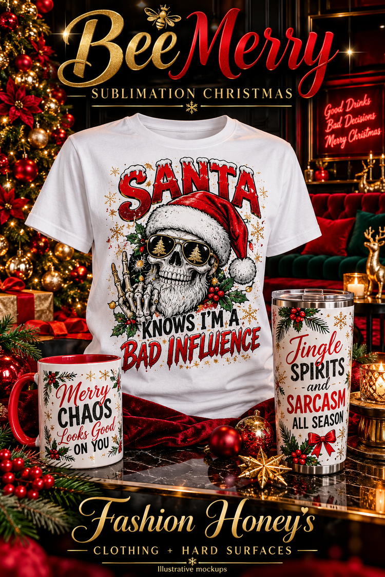 Bee Merry | Sublimation Christmas clothing and hard-surface illustrative sublimation mockups