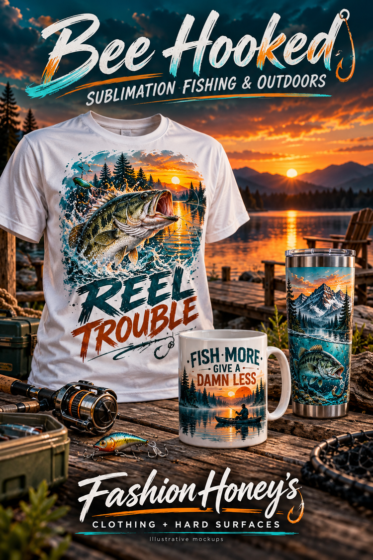 Bee Hooked | Sublimation Fishing & Outdoors bold clothing and hard-surface sublimation mockups