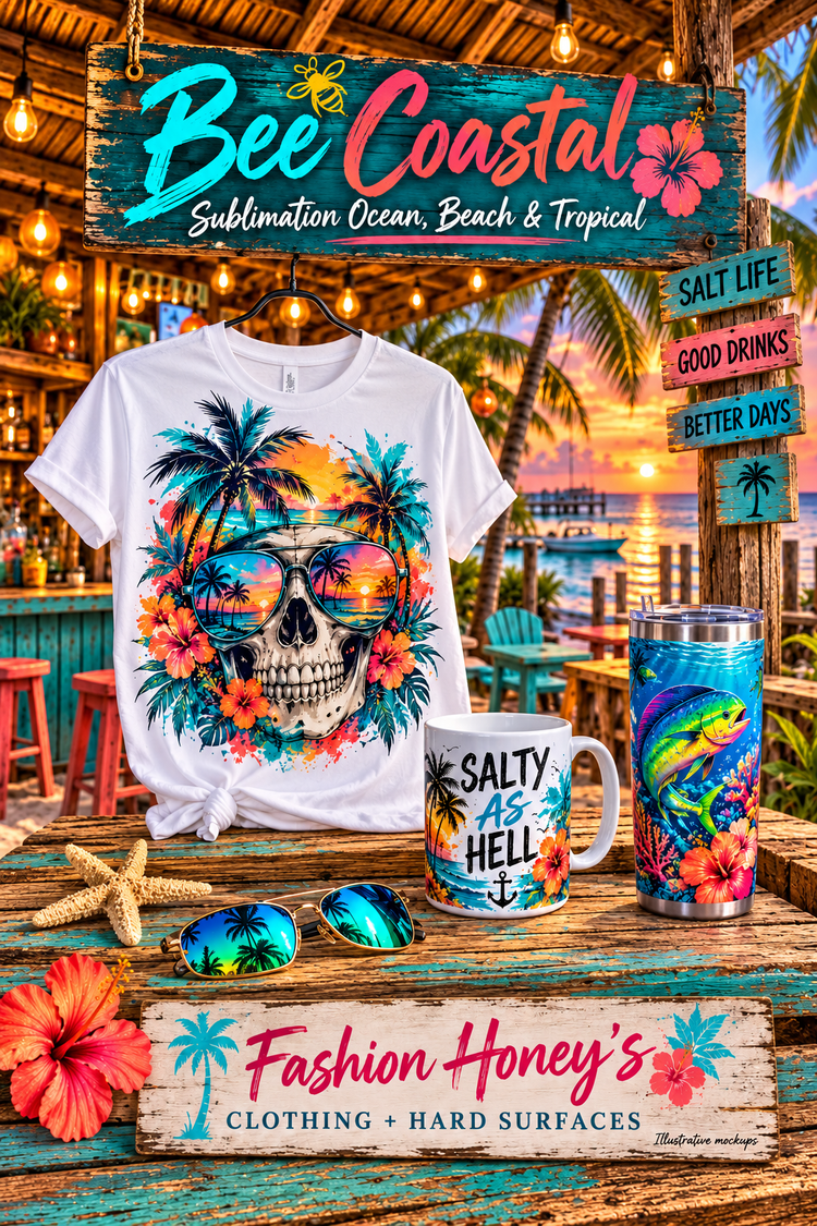 Bee Coastal | Sublimation Ocean, Beach & Tropical — full-view clothing, mug and tumbler sublimation design inspiration
