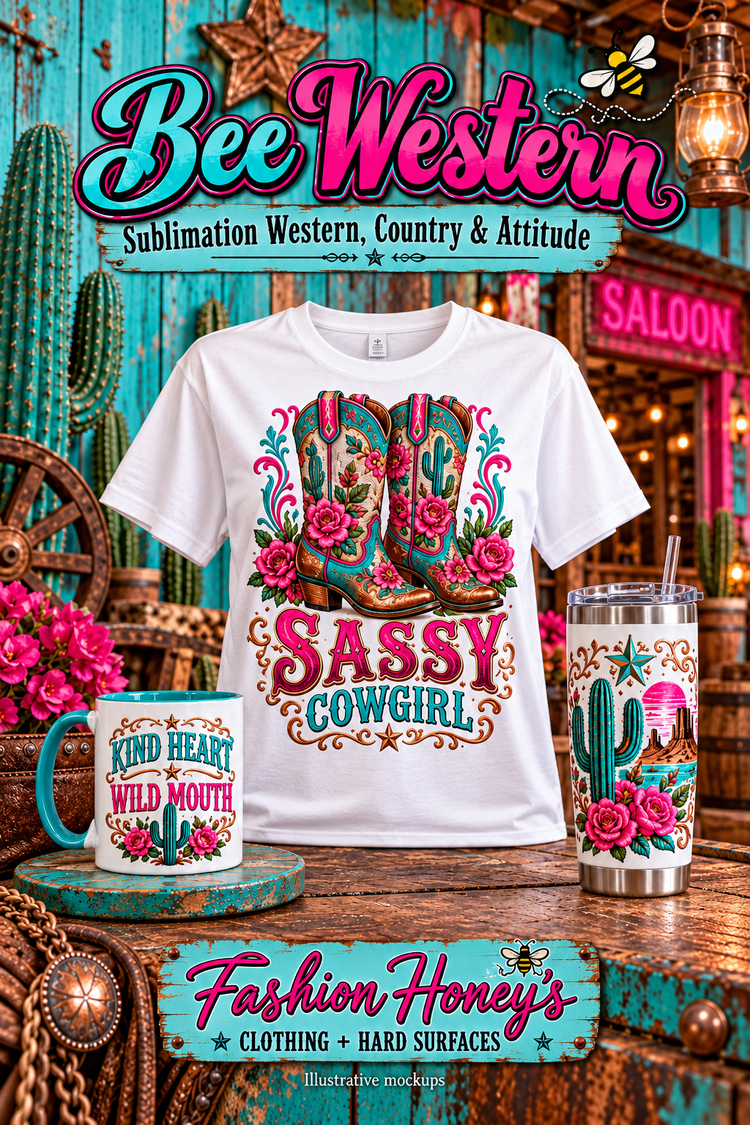 Bee Western | Sublimation Western, Country & Attitude — full-view clothing, mug and tumbler sublimation design inspiration