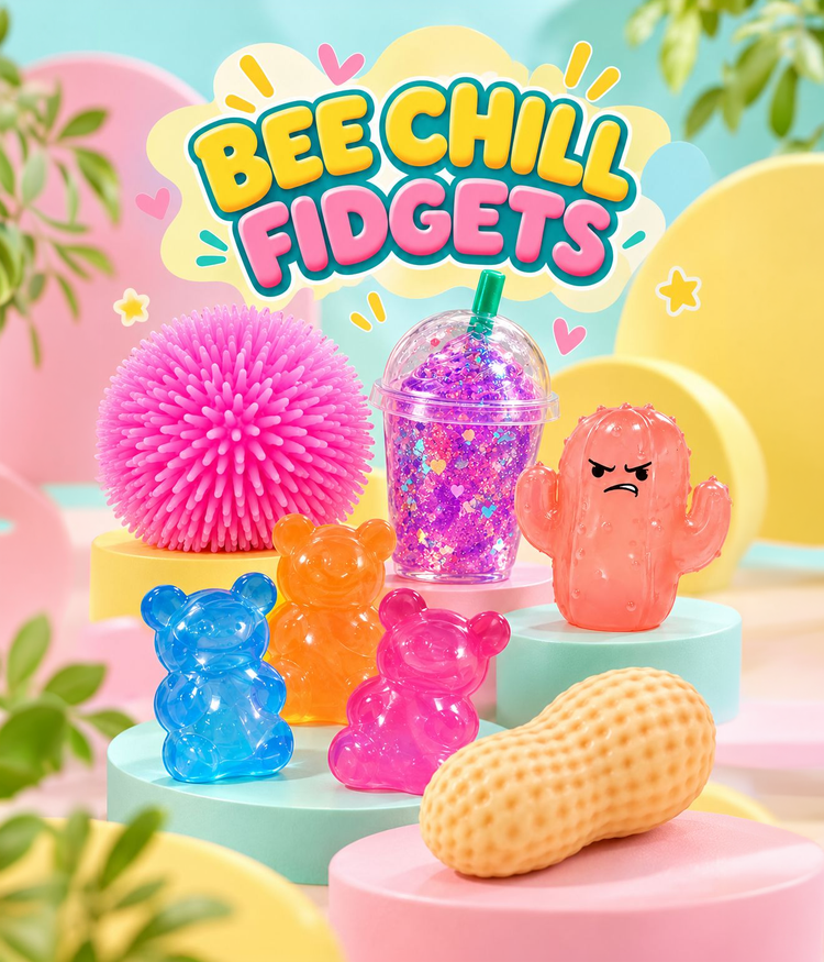 Bee Chill Fidgets collection poster with matching expanded pastel background