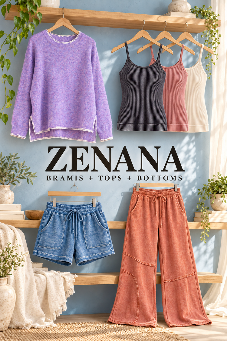 Zenana collection poster featuring ribbed bramis, a lavender knit top, blue drawstring shorts and terracotta lounge pants