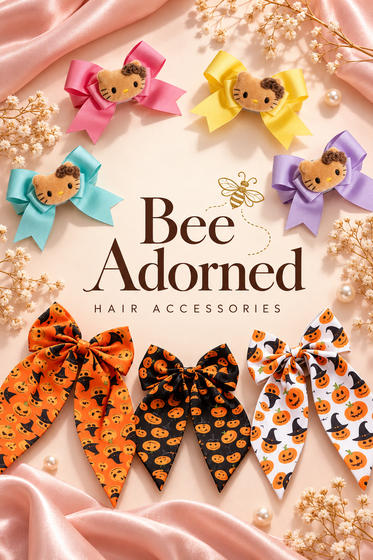 Bee Adorned hair accessories poster featuring colorful plush kitty bow clips and Halloween ribbon bows on an ivory and blush background