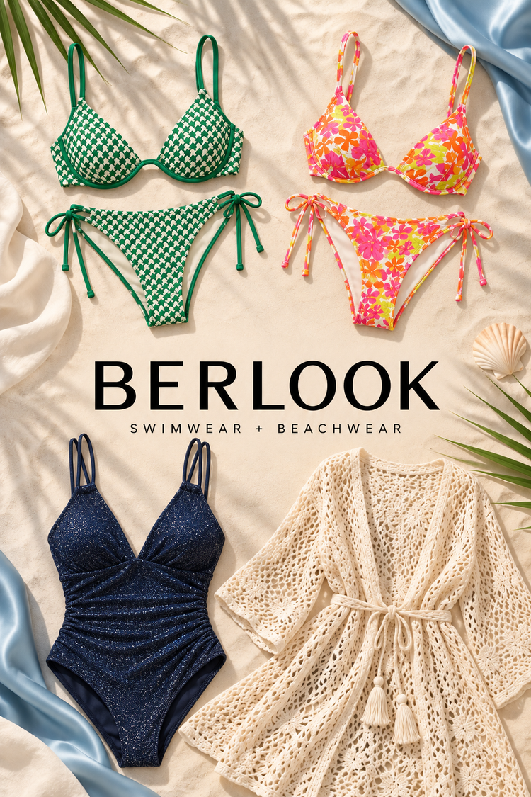 Berlook swimwear poster featuring green geometric and colorful floral two-piece bikinis, a shimmering navy one-piece swimsuit and ivory crochet cover-up