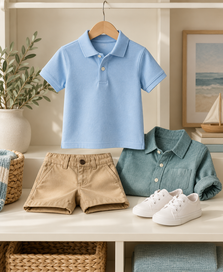 Boys' clothing — blue polo shirt, teal shirt and tan shorts