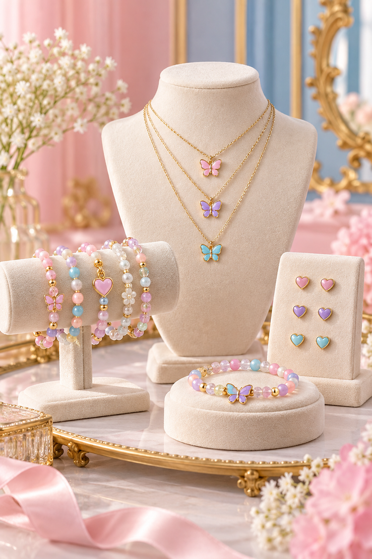 Children's jewelry — pastel butterfly necklaces, bracelets and heart earrings