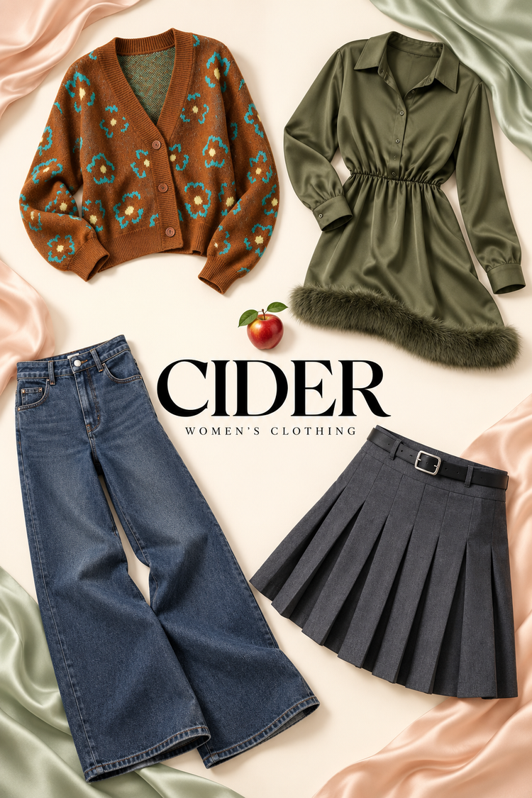 Cider women’s clothing poster featuring a floral cardigan, olive faux-fur-trim dress, wide-leg jeans and pleated skirt with a centered CIDER wordmark and apple accent