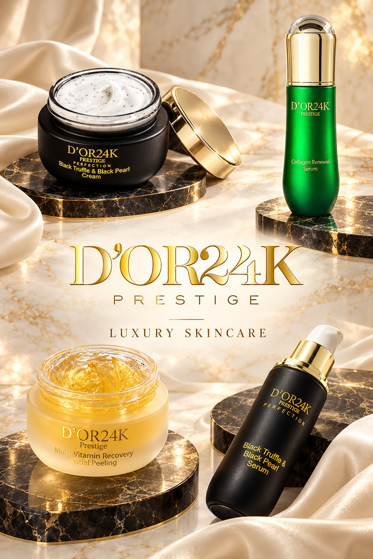 D’OR24K Prestige skincare poster featuring Black Truffle and Black Pearl cream and serum, Collagen Renewal Serum and a gold facial peel