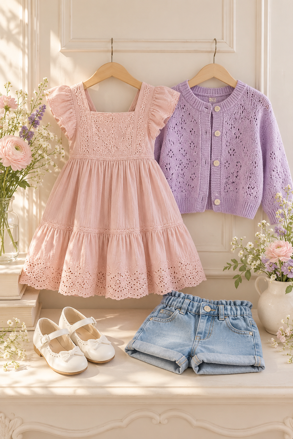 Girls' clothing — blush dress, lavender cardigan and denim shorts
