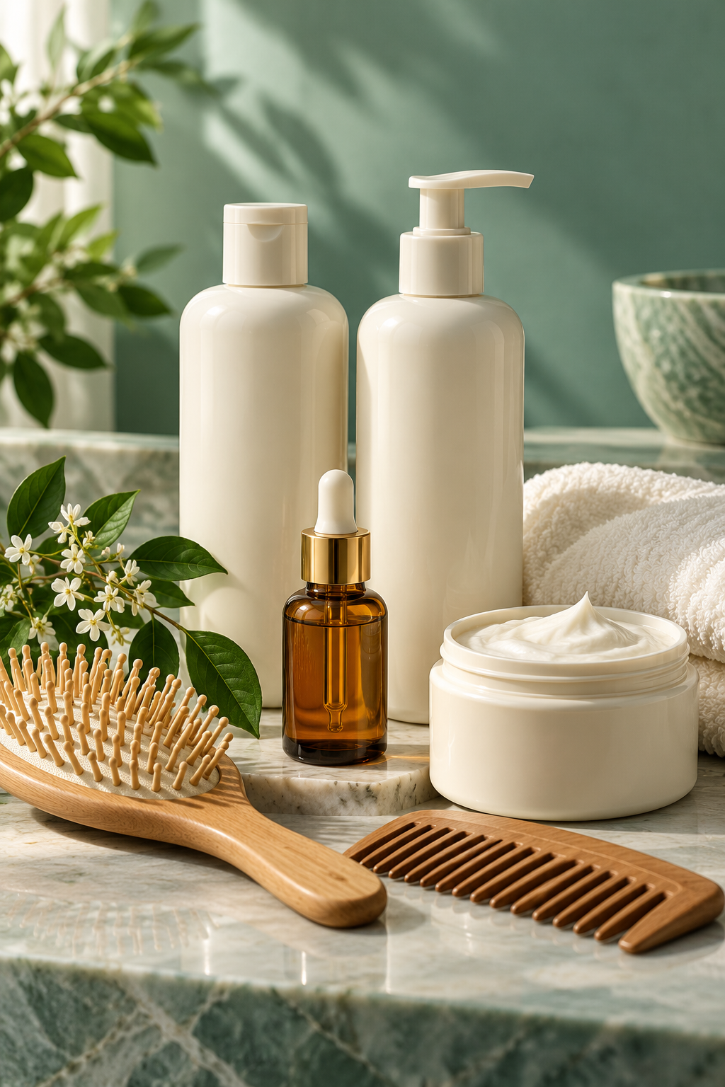 Hair care — shampoo, conditioner, serum, brush and comb