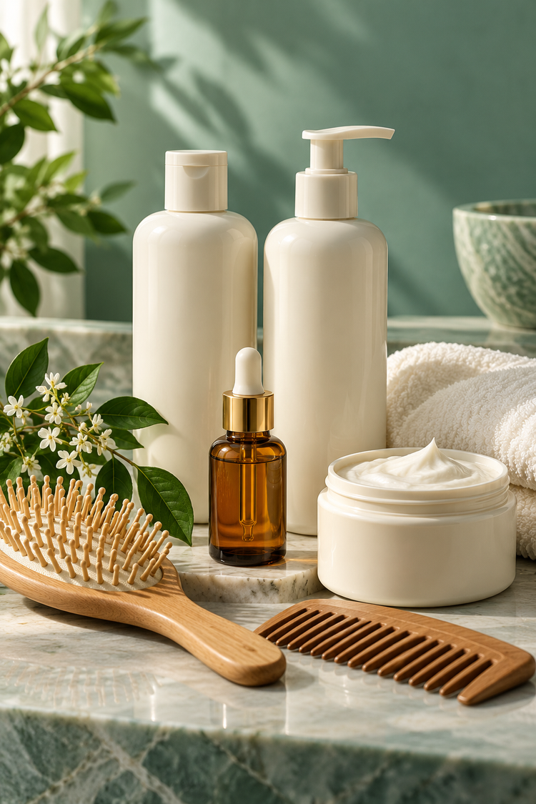 Hair care — shampoo, conditioner, serum, brush and comb