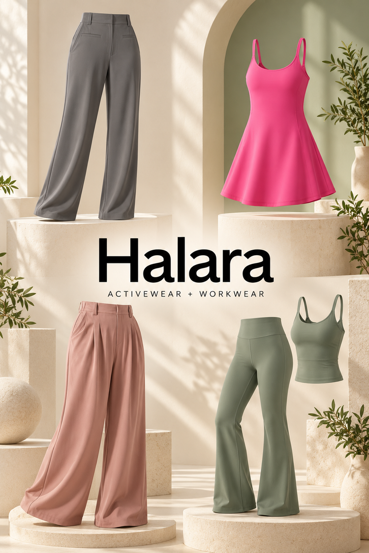 Halara activewear and workwear collection poster featuring gray and rose trousers, a pink active dress and sage athletic separates