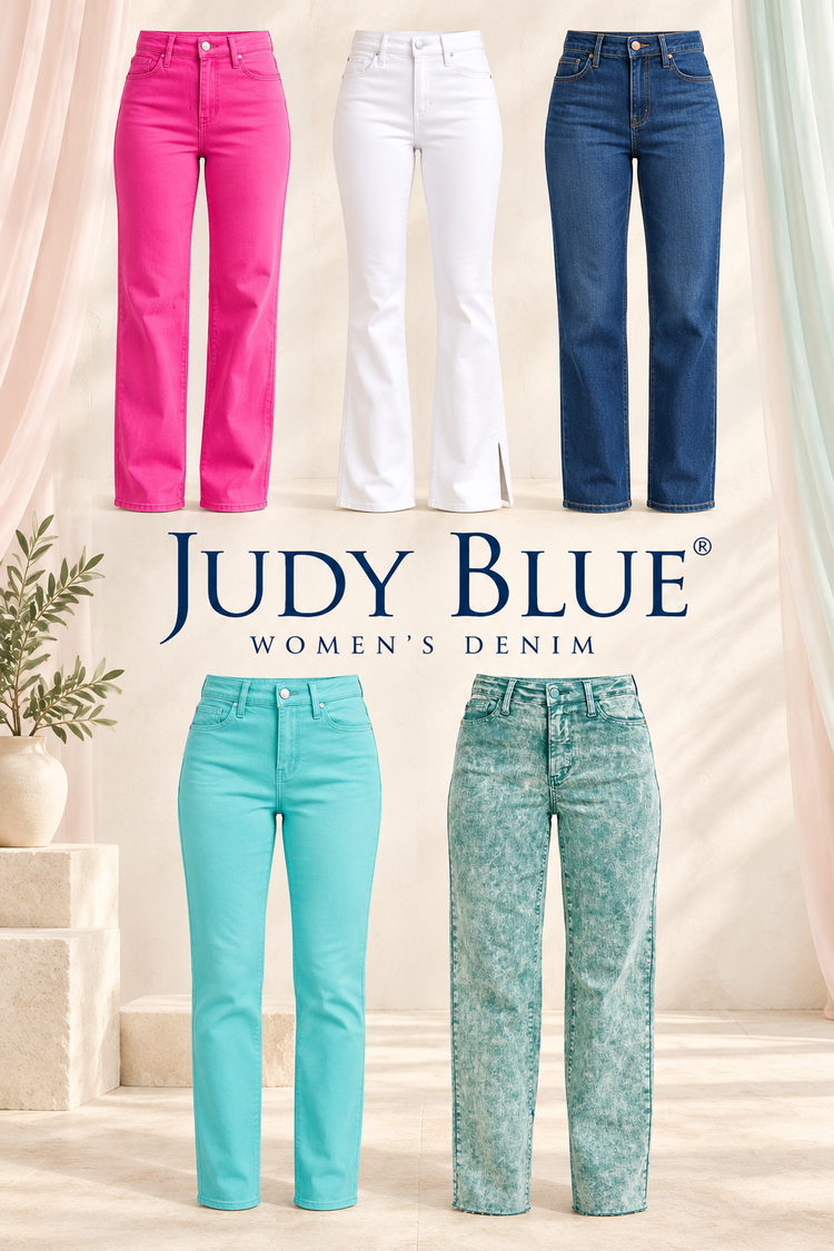 Judy Blue women’s denim poster featuring hot pink, white, classic indigo, aquamarine and sea-green acid-wash jeans