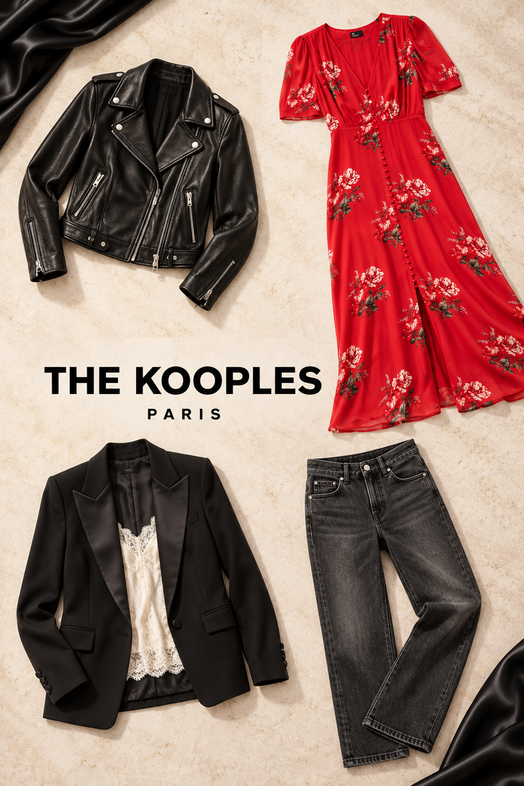 The Kooples Paris fashion poster featuring a black leather biker jacket, red floral maxi dress, tailored blazer with lace camisole and charcoal jeans