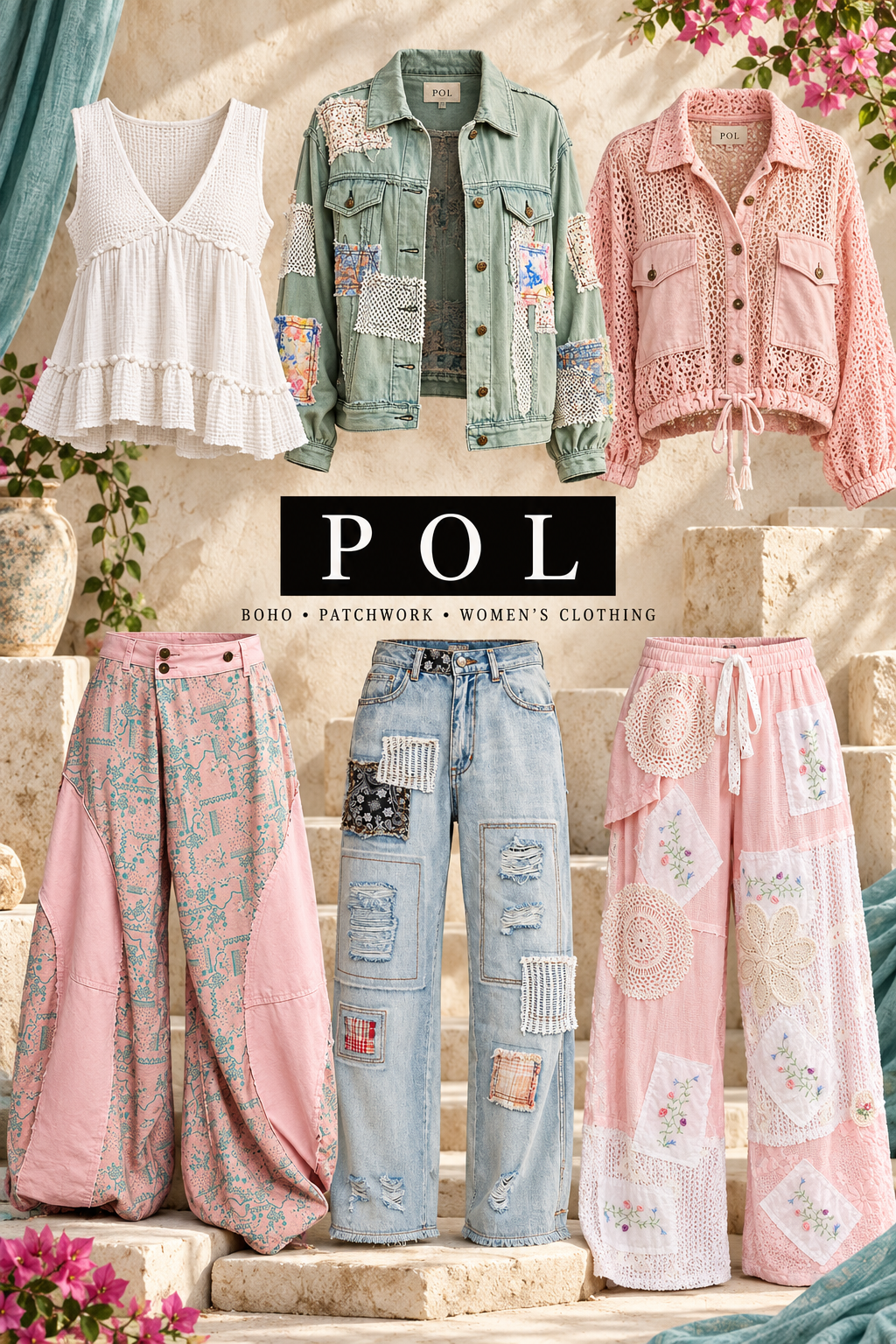 POL boho clothing poster with a sea-grass patchwork jacket, white textured top, pink crochet jacket, pink and teal patchwork pants, distressed patchwork jeans and pink lace floral pants