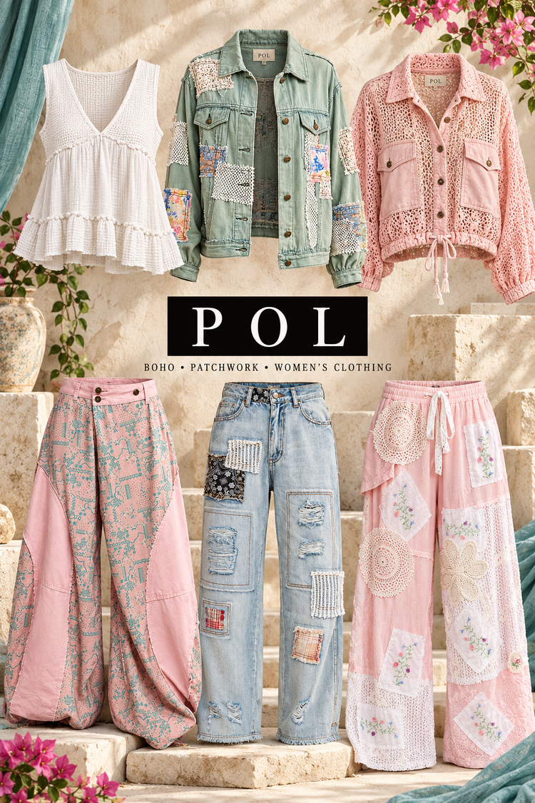 POL boho clothing poster with a sea-grass patchwork jacket, white textured top, pink crochet jacket, pink and teal patchwork pants, distressed patchwork jeans and pink lace floral pants