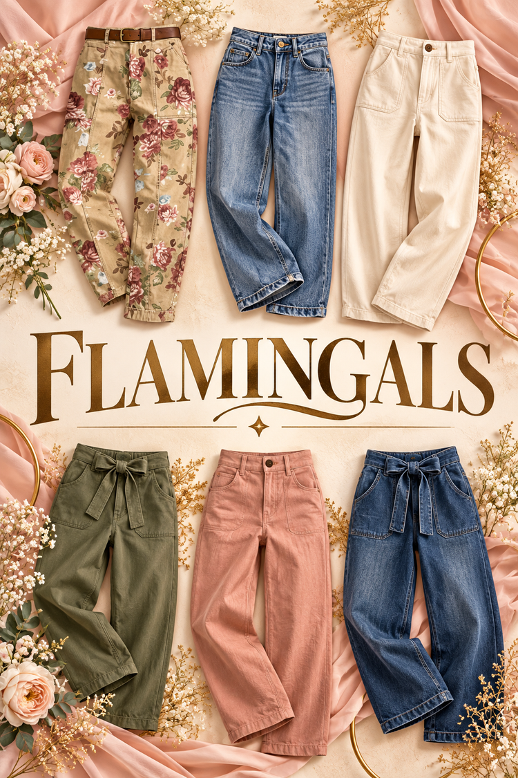 FLAMINGALS category poster with centered brand name, floral pants and denim styles