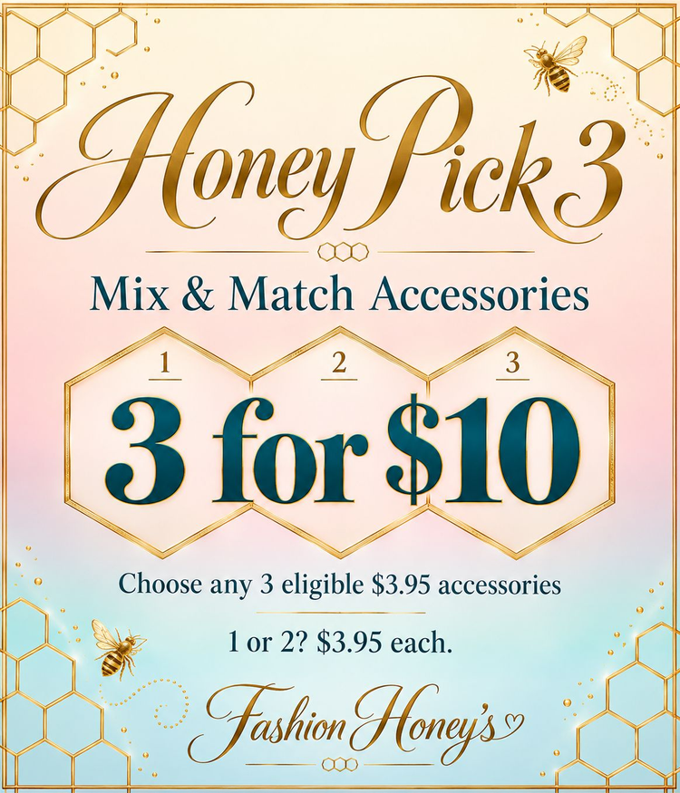 Honey Pick 3 mix and match accessories: three for $10, on pale ombré with gold honeycombs and bees