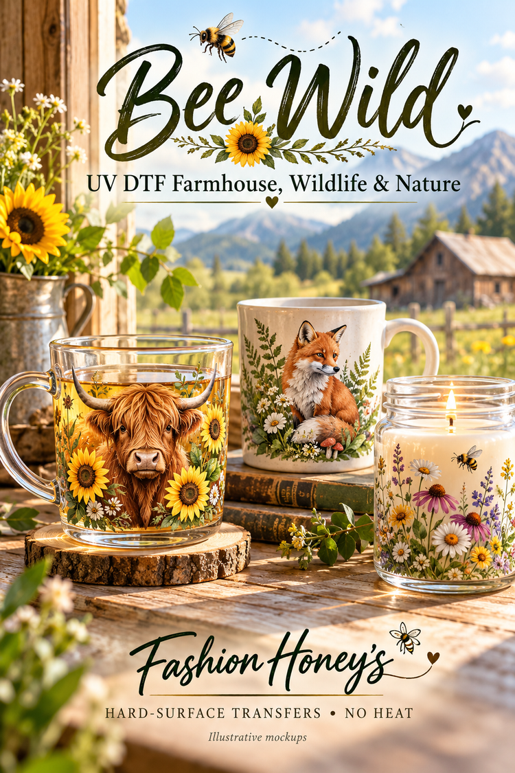 Bee Wild | UV DTF Farmhouse, Wildlife & Nature — hard-surface transfer illustrative mockups