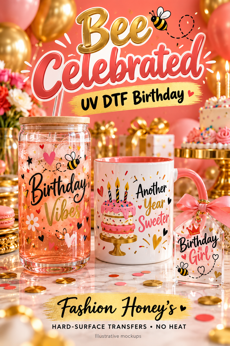 Bee Celebrated | UV DTF Birthday — hard-surface transfer illustrative mockups