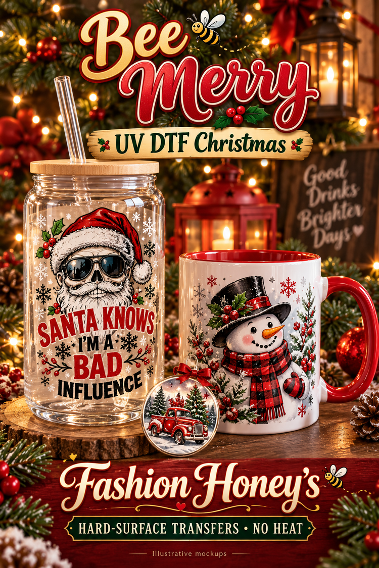 Bee Merry | UV DTF Christmas — hard-surface transfer illustrative mockups