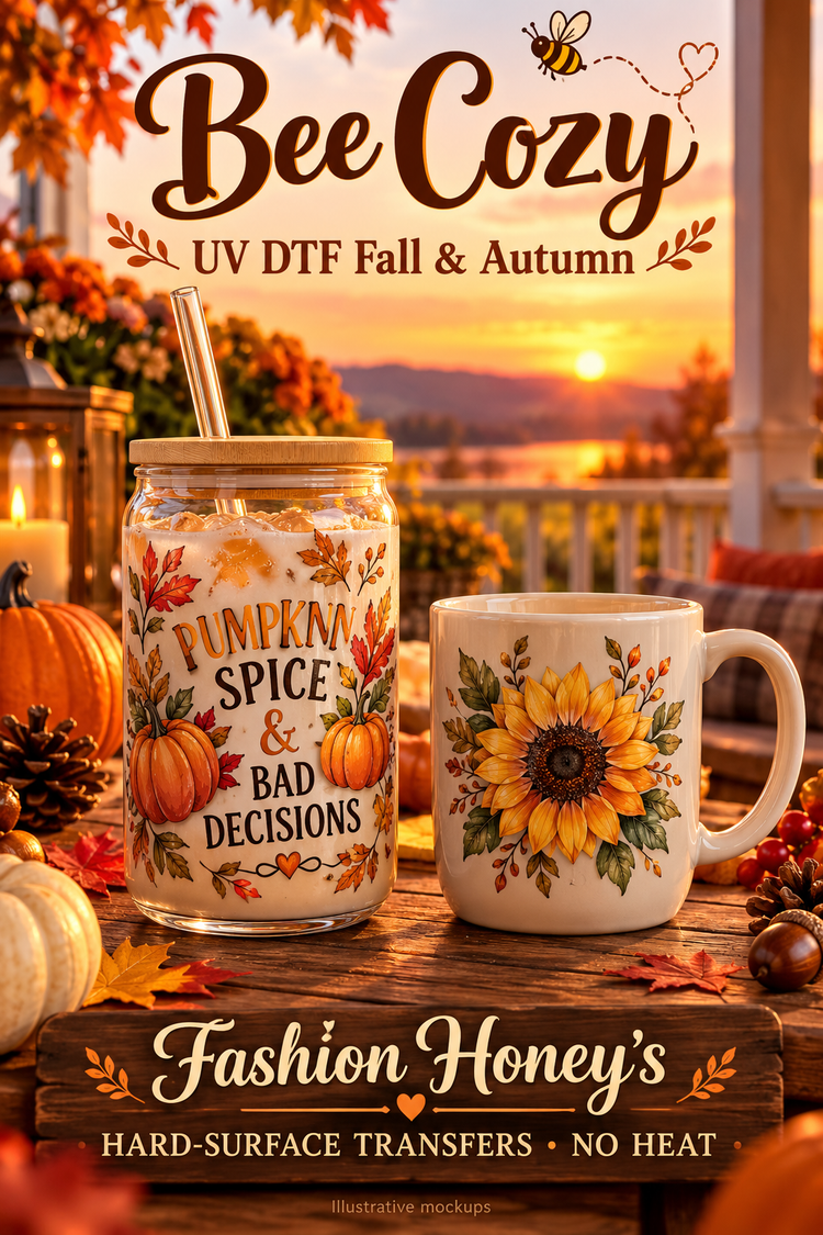 Bee Cozy | UV DTF Fall & Autumn — hard-surface transfer illustrative mockups