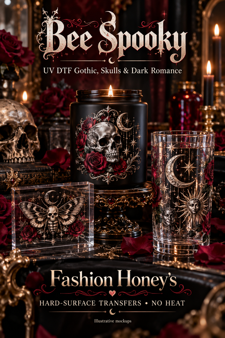 Bee Spooky | UV DTF Gothic, Skulls & Dark Romance — hard-surface transfer illustrative mockups