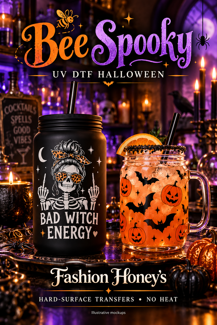 Bee Spooky | UV DTF Halloween — hard-surface transfer illustrative mockups