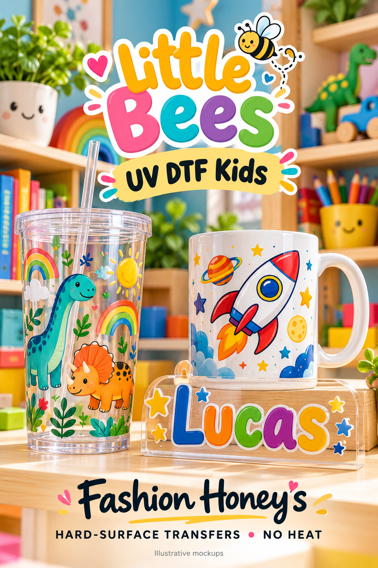 Little Bees | UV DTF Kids — hard-surface transfer illustrative mockups