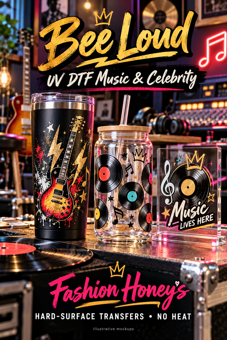 Bee Loud | UV DTF Music & Celebrity — hard-surface transfer illustrative mockups