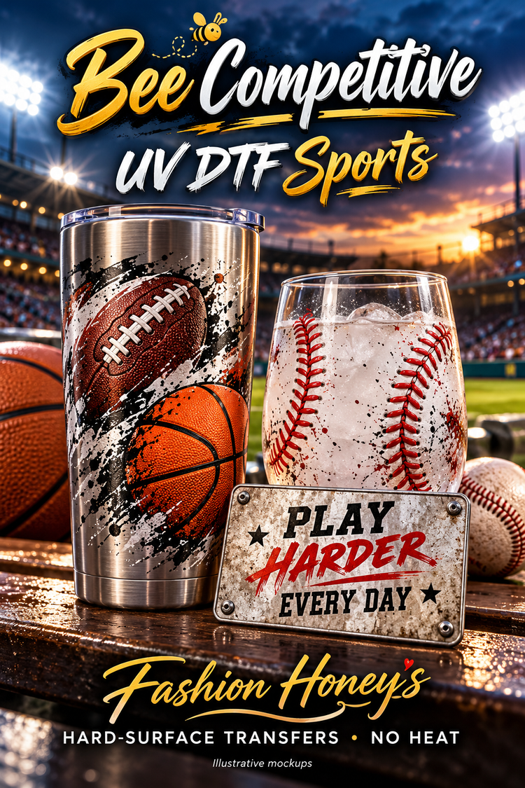 Bee Competitive | UV DTF Sports — hard-surface transfer illustrative mockups